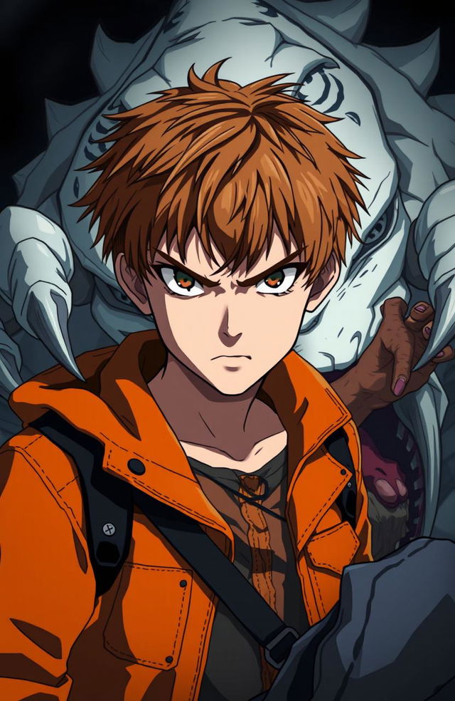 An intense anime style image of a 14-year-old boy with brown hair, staring directly at the viewer with an expression of anger