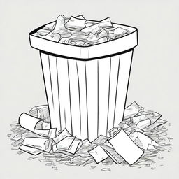 Illustration of a dirty trash bin with paper inside it and paper strewn about the ground.