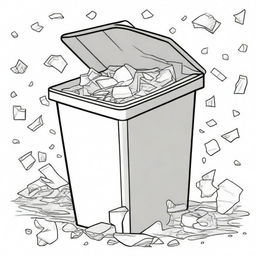 Illustration of a dirty trash bin with paper inside it and paper strewn about the ground.