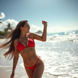 A beautiful brunette woman with long legs wearing a vibrant red bikini, smiling and looking romantically at her partner on a sunlit beach