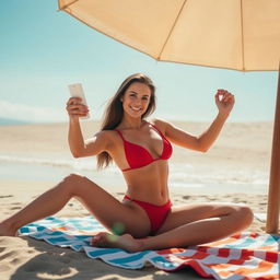A stunning brunette woman with long legs is sitting on a beach towel under a bright sun, wearing a vibrant red bikini