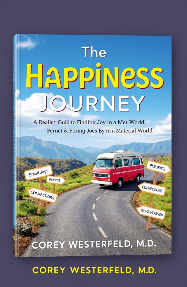 A vibrant book cover design for 'The Happiness Journey: A Realist’s Guide to Finding Joy in a Material World' by Corey Westerfeld, M