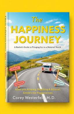 A vibrant book cover design for 'The Happiness Journey: A Realist’s Guide to Finding Joy in a Material World' by Corey Westerfeld, M