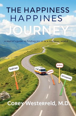 A vibrant book cover design for 'The Happiness Journey: A Realist’s Guide to Finding Joy in a Material World' by Corey Westerfeld, M