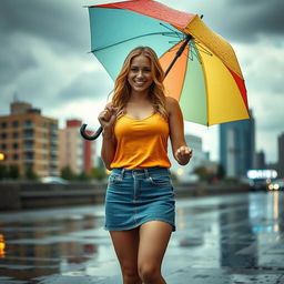 A stylish blonde young woman wearing a denim skirt standing in the rain, her hair slightly wet and glistening