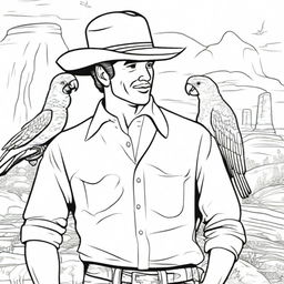 A charming cowboy with a colored hat, conversing with a parrot perched on his shoulder, surrounded by a southwest scene, all as an engaging coloring book sheet