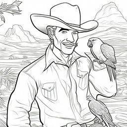 A charming cowboy with a colored hat, conversing with a parrot perched on his shoulder, surrounded by a southwest scene, all as an engaging coloring book sheet