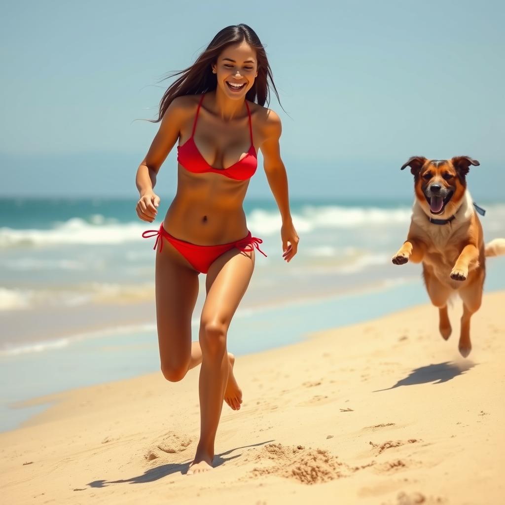 A playful scene on a sunny beach, featuring a tall brunette woman with long legs wearing a vibrant red bikini