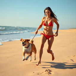 A playful scene on a sunny beach, featuring a tall brunette woman with long legs wearing a vibrant red bikini