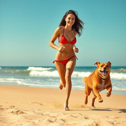 A playful scene on a sunny beach, featuring a tall brunette woman with long legs wearing a vibrant red bikini