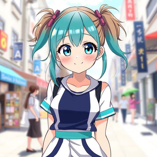 An anime girl with bright teal pigtails and tanish brownish hair peeking out from the pigtails