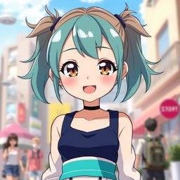 An anime girl with bright teal pigtails and tanish brownish hair peeking out from the pigtails