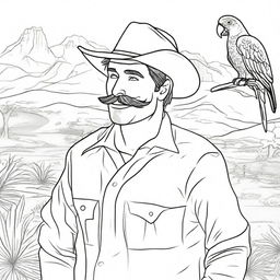 A charming cowboy with a colored hat, conversing with a parrot perched on his shoulder, surrounded by a southwest scene, all as an engaging coloring book sheet