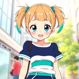An anime girl with bright teal pigtails and tanish brownish hair peeking out from the pigtails