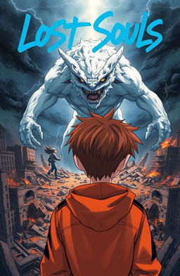 An anime-style illustration depicting a 14-year-old boy with short brown hair, wearing an orange jacket with black details, viewed from the back