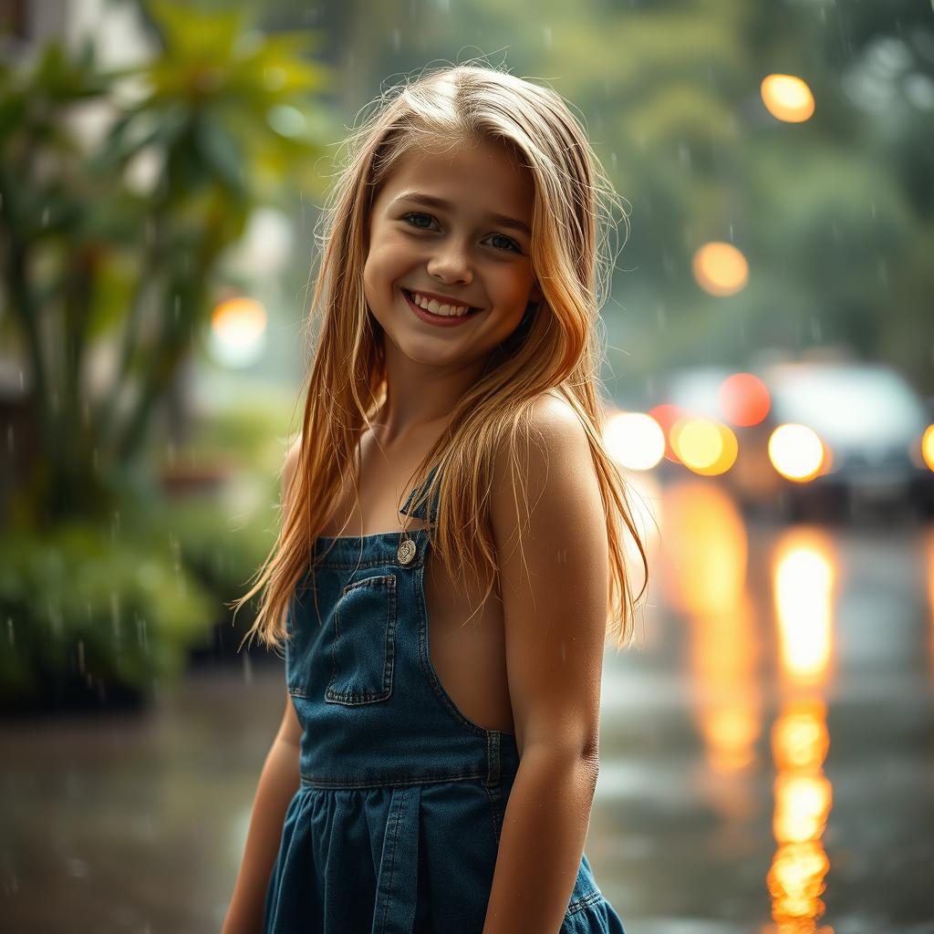 A beautiful blonde girl standing in the rain wearing a stylish denim skirt, her hair slightly damp from the rain, with a cheerful smile on her face