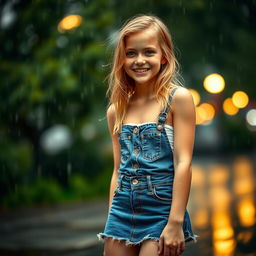 A beautiful blonde girl standing in the rain wearing a stylish denim skirt, her hair slightly damp from the rain, with a cheerful smile on her face