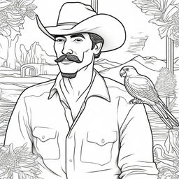 A charming cowboy with a colored hat, conversing with a parrot perched on his shoulder, surrounded by a southwest scene, all as an engaging coloring book sheet