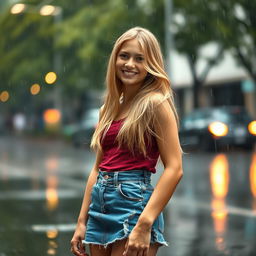 A beautiful blonde girl standing in the rain wearing a stylish denim skirt, her hair slightly damp from the rain, with a cheerful smile on her face