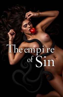 A woman lying down with her hair splayed around her, her body beautifully intertwined with a serpent that elegantly wraps around her, concealing her nudity