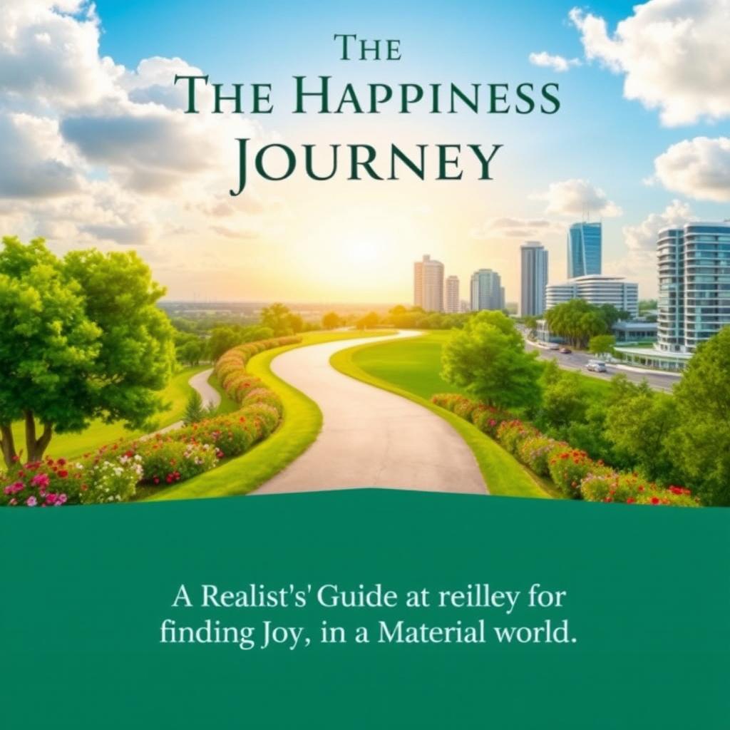 A serene and inspiring book cover design for a self-help book titled 'The Happiness Journey: A Realist’s Guide to Finding Joy in a Material World'