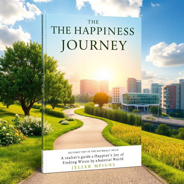 A serene and inspiring book cover design for a self-help book titled 'The Happiness Journey: A Realist’s Guide to Finding Joy in a Material World'