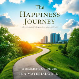 A serene and inspiring book cover design for a self-help book titled 'The Happiness Journey: A Realist’s Guide to Finding Joy in a Material World'
