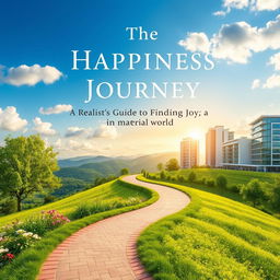 A serene and inspiring book cover design for a self-help book titled 'The Happiness Journey: A Realist’s Guide to Finding Joy in a Material World'