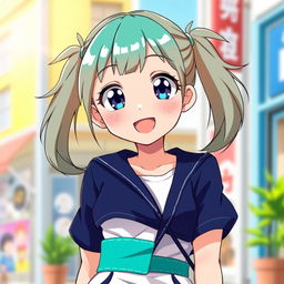 An anime girl with bright teal pigtails and tanish brownish hair peeking out from her pigtails