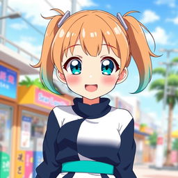 An anime girl with bright teal pigtails and tanish brownish hair peeking out from her pigtails