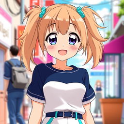 An anime girl with bright teal pigtails and tanish brownish hair peeking out from her pigtails