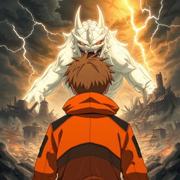 An anime-style illustration of a 14-year-old boy with short brown hair, wearing an orange jacket with black details, seen from the back