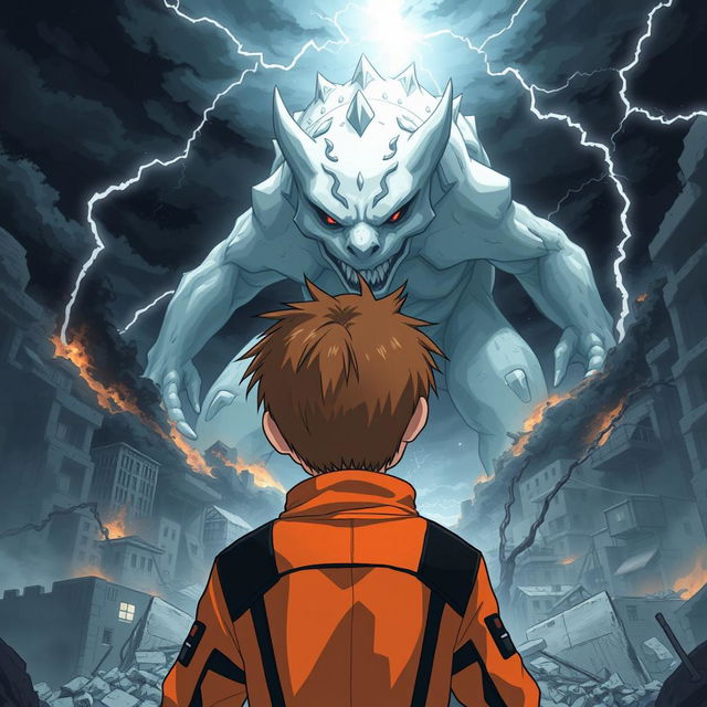 An anime-style illustration of a 14-year-old boy with short brown hair, wearing an orange jacket with black details, seen from the back