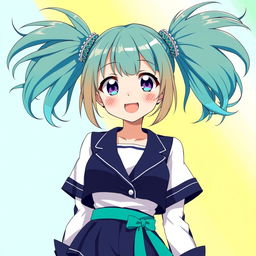 An anime girl with full, bright teal pigtails, each styled playfully and flowing with an energetic vibe