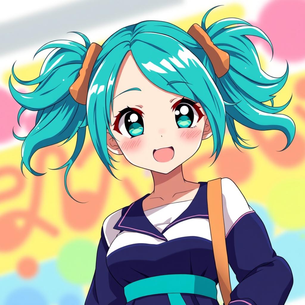 An anime girl with full, bright teal pigtails, each styled playfully and flowing with an energetic vibe