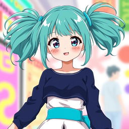 An anime girl with full, bright teal pigtails, each styled playfully and flowing with an energetic vibe