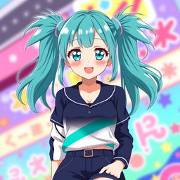 An anime girl with full, bright teal pigtails, each styled playfully and flowing with an energetic vibe