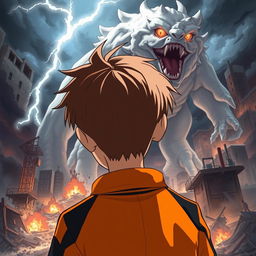 An anime-style illustration of a 14-year-old boy with short brown hair, wearing an orange jacket with black details, seen from the back