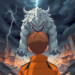 An anime-style illustration of a 14-year-old boy with short brown hair, wearing an orange jacket with black details, seen from the back