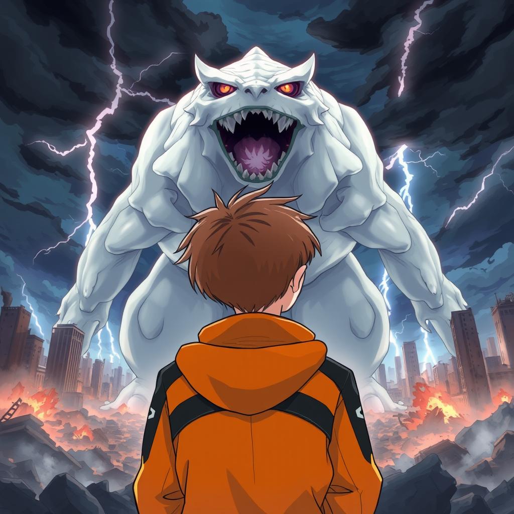 An anime-style illustration of a 14-year-old boy with short brown hair, wearing an orange jacket with black details, seen from the back