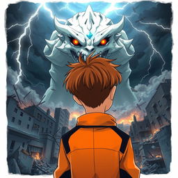 An anime-style illustration of a 14-year-old boy with short brown hair, wearing an orange jacket with black details, seen from the back