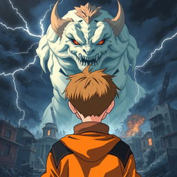 An anime-style illustration of a 14-year-old boy with short brown hair, wearing an orange jacket with black details, seen from the back