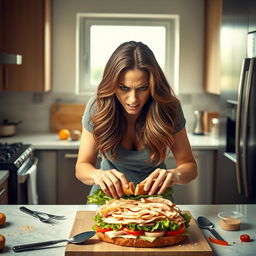 An intense, dramatic scene featuring actress Evangeline Lilly with an angry expression, passionately making a sandwich in a modern kitchen