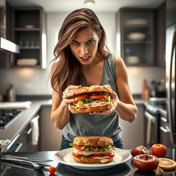 An intense, dramatic scene featuring actress Evangeline Lilly with an angry expression, passionately making a sandwich in a modern kitchen