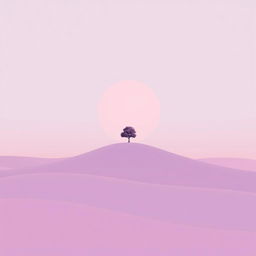 A minimalist design featuring a serene landscape with smooth hills, a single tree standing on a crest, and a soft pastel sky at twilight