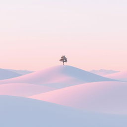 A minimalist design featuring a serene landscape with smooth hills, a single tree standing on a crest, and a soft pastel sky at twilight