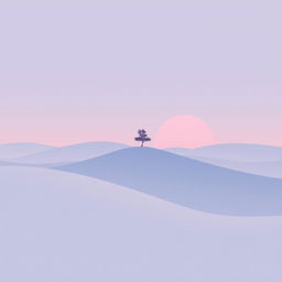 A minimalist design featuring a serene landscape with smooth hills, a single tree standing on a crest, and a soft pastel sky at twilight