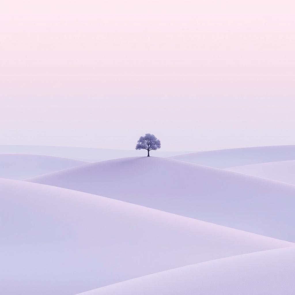 A minimalist design featuring a serene landscape with smooth hills, a single tree standing on a crest, and a soft pastel sky at twilight