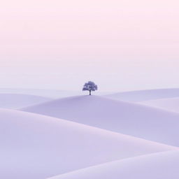 A minimalist design featuring a serene landscape with smooth hills, a single tree standing on a crest, and a soft pastel sky at twilight