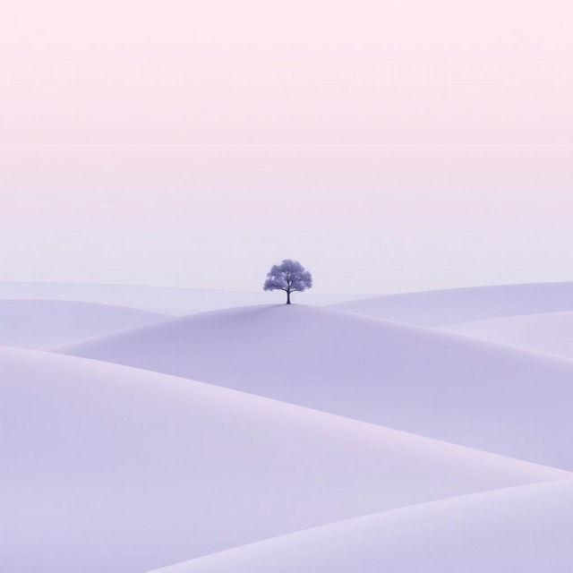 A minimalist design featuring a serene landscape with smooth hills, a single tree standing on a crest, and a soft pastel sky at twilight